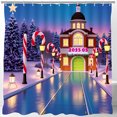 thumbnail image 1 of Whimsical Christmas Shower Curtain - Snowy Street Scene with Candy Lampposts & Festive Building, 1 of 4