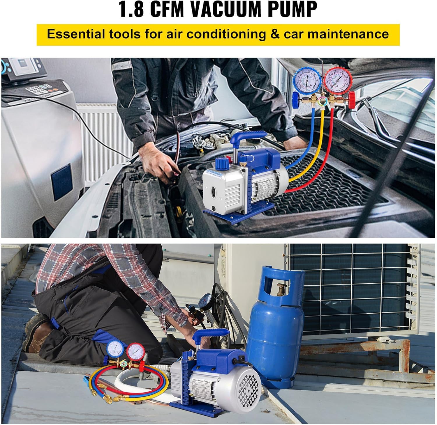 SIHAO 1/4 HP 1.8 CFM Single Stage Rotary Vane Air Vacuum Pump and AC Manifold Gauge Set Kit for HVAC Air Conditioning Refrigeration Recharging