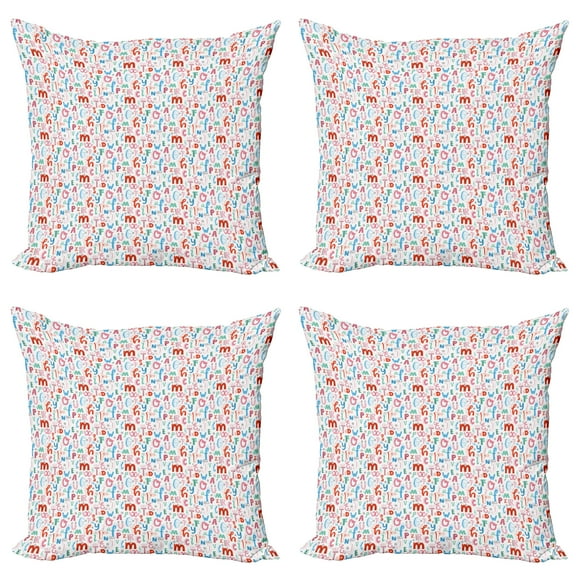 Ambesonne Alphabet Throw Pillow Cover 4 Pack, Colorful Whimsical Doodle, 18", Multicolor
