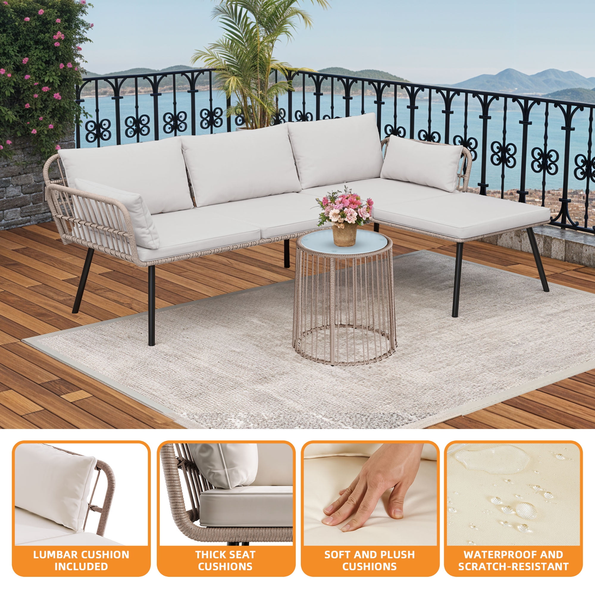 Craftian 3 Pieces Patio Furniture Set, Wicker Rattan Outdoor Conversation Set with Cushions and Side Table  - Beige