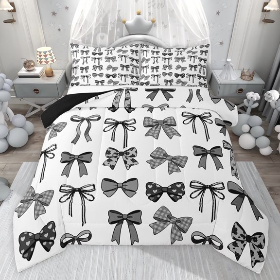 jejeloiu Chic Bow Tie Queen Comforter Set,Loves Plaid Print Bedding Comforter Set For Girl Teens Reversible 3pcs