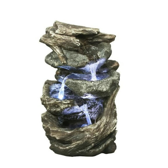 Hi-Line Gifts Quad Level Log Perched Upon Stones Water Fountain - 11"