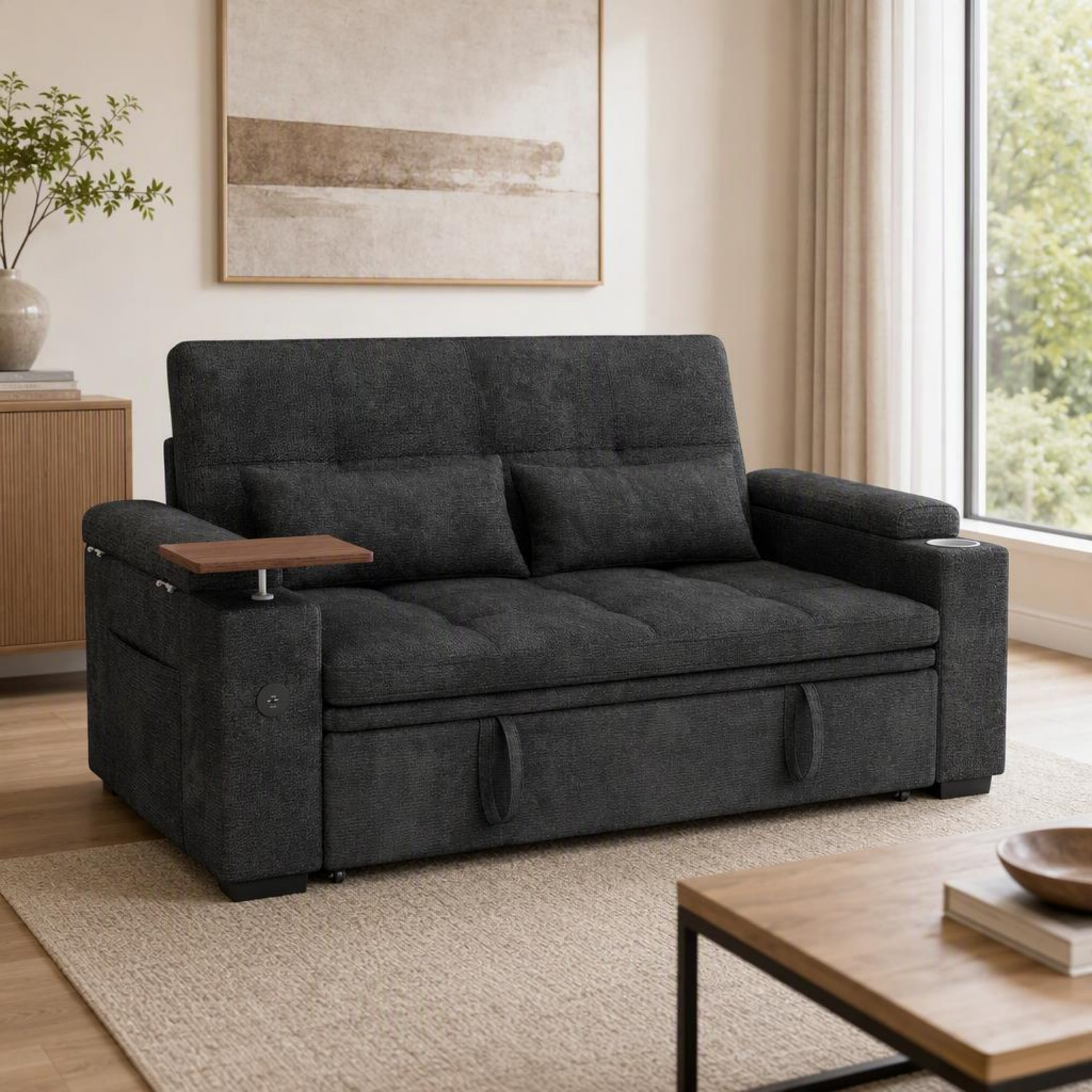 Vinform 65" Sleeper Sofa Bed, 3 in 1 Convertible Pull-Out Loveseat with Side Storage & Arm Table & Cup Holder, Blue