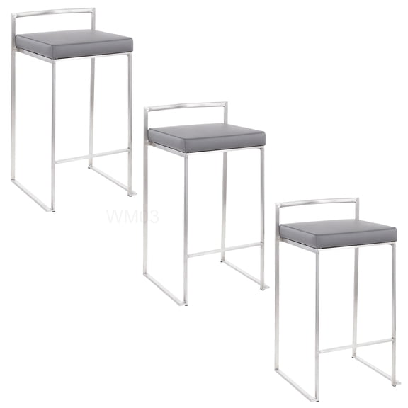 Grey Faux Leather Counter Stools Set of 3, Stackable Brushed Stainless Steel Frame for Kitchen Island