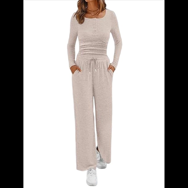 Conjuntos de Dos Piezas para Mujer, para Estar en Casa, para Otoño, con Suéter de Cuello Henley, Pantalones Anchos y Chándal Albaricoque S