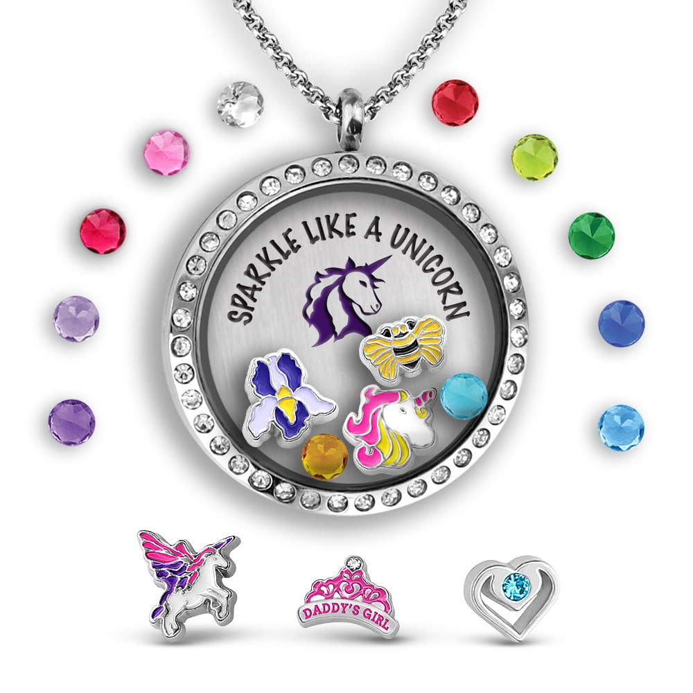 Pink glitter circle charm necklace.