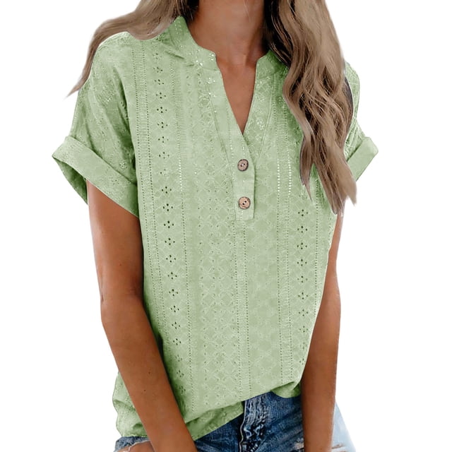 TaTaai 2026 Summer Women’s Pa V Neck Button Tee Short Sleeve Loose Blouse Casual Solid Color Fashion Top Soft Polyester Daily Shirt Gift