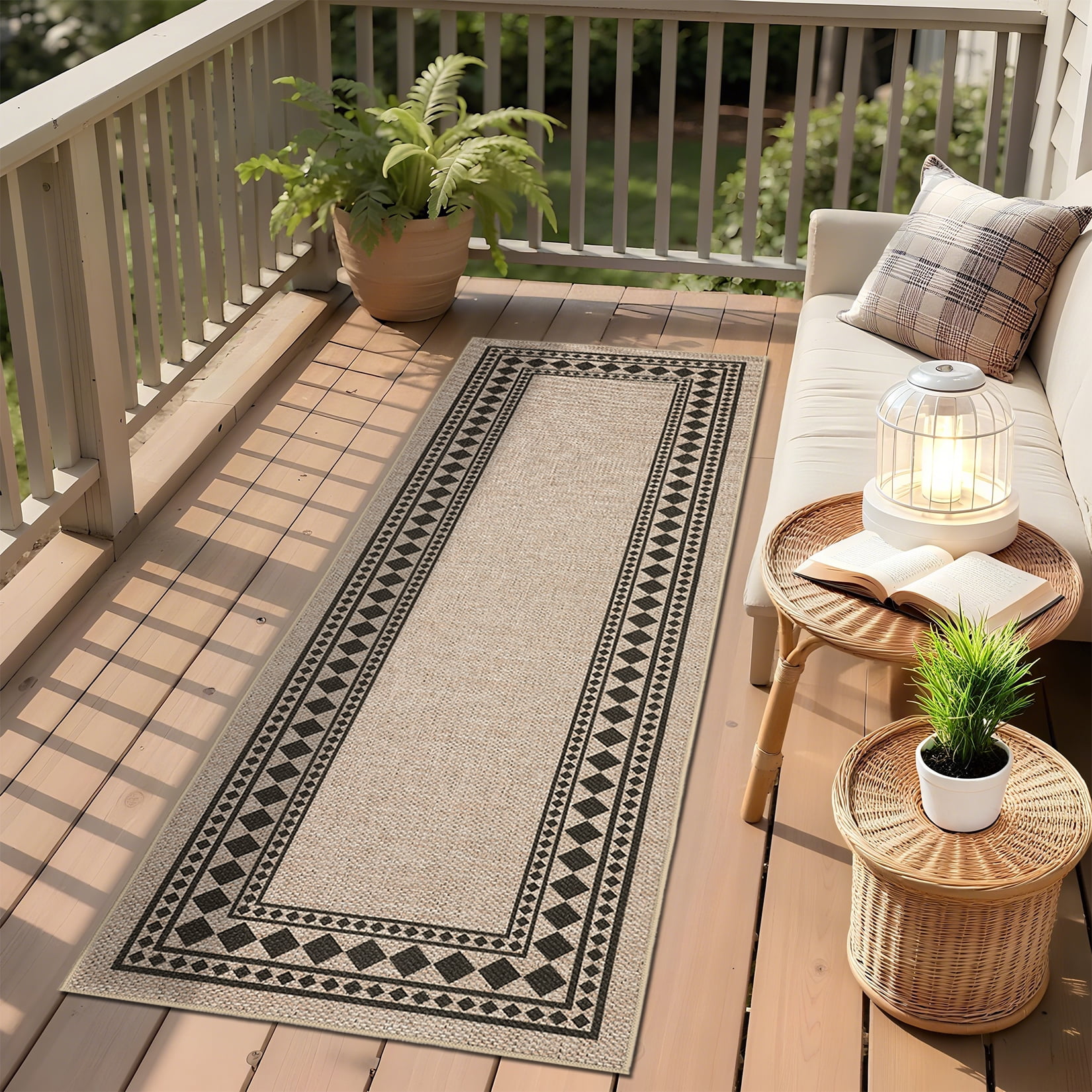 Garvee 2'x6' Modern Bordered Rug Solid Runner Rug, Geometric Washable Rugs Stain Resistant Low Pile Rug Non Slip Indoor Outdoor Carpet for Hallway Bedroom Home Office, Jute