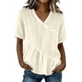 thumbnail image 3 of Craaazy Women's Plus Size Versatile Solid Color Cotton Linen V-Neck Short Sleeve T-shirts with Ruffle Trim for Daily Wear, 3 of 7