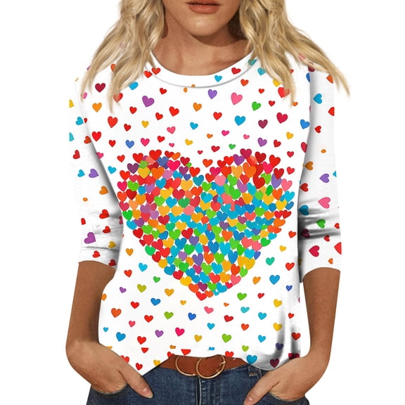 Fgvctg Valentine's Day Tops for Women Casual Crewneck 3/4 Length Sleeve Shirts Date Night Pullover Parade Tops Plus Size Sweet Love Heart Graphic Blouse Gifts For Her Vermilion L