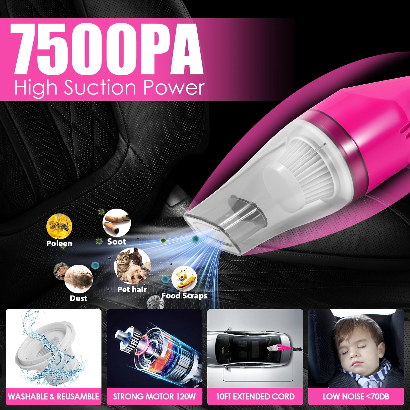 Pink Car Interior Detailing Kit, Auto Cleaning Set with Handheld Vacuum, Detailing Brushes, Windshield Cleaner and Cleaning Gel, Perfect Car Accessories for Women