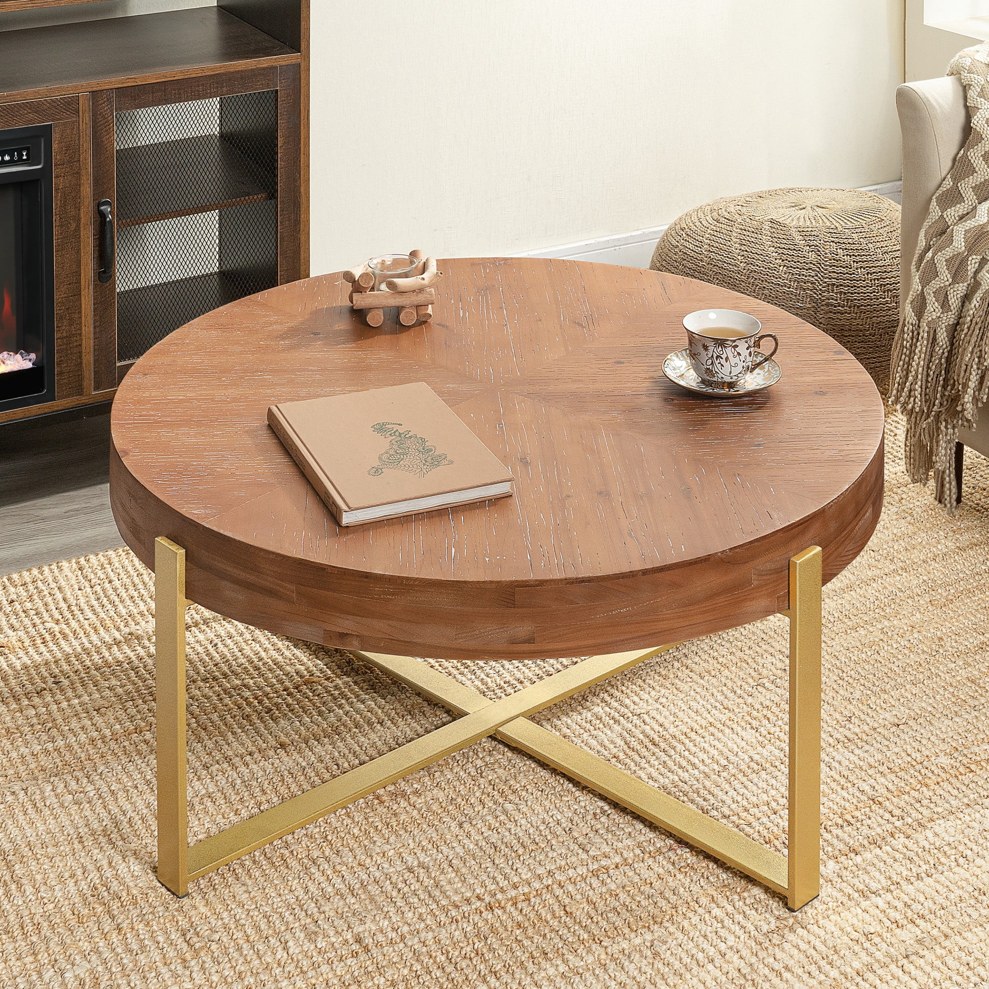 BSHTI 31.29" Metal Wood Round Coffee Table with Retro Splicing Top, Cross Metal Frame, Rustic Style for Living Room(Natural+Gold)