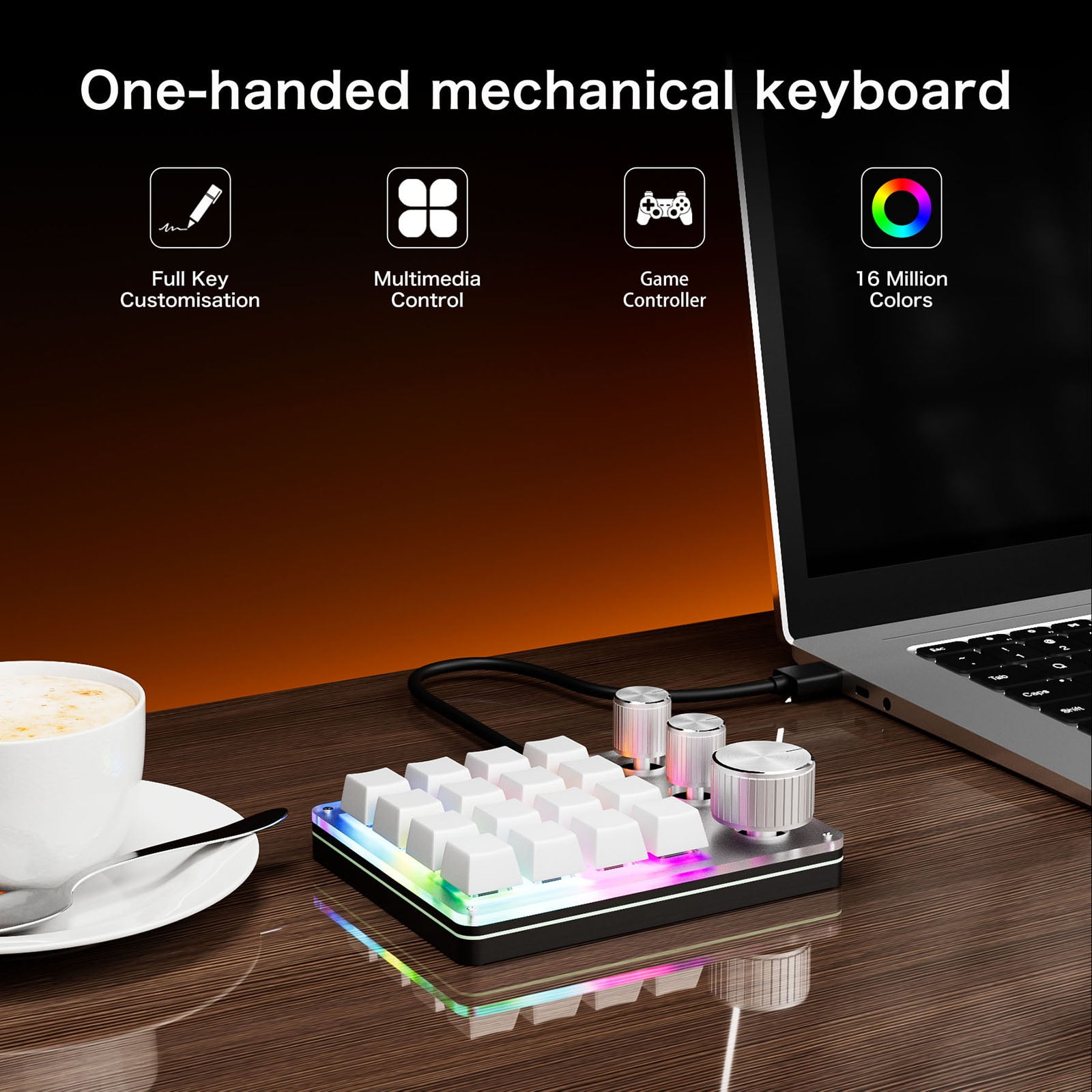 USB C 16 Key Programmable Keypad with 3 Knobs Hotswap Mechanical Gaming Keyboard Enhances Office Productivity
