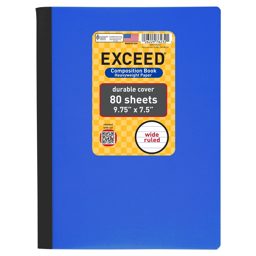 Exceed 80 Sheets Blue Composition Book, Wide Ruled 9.75 x 7.5 Walmart