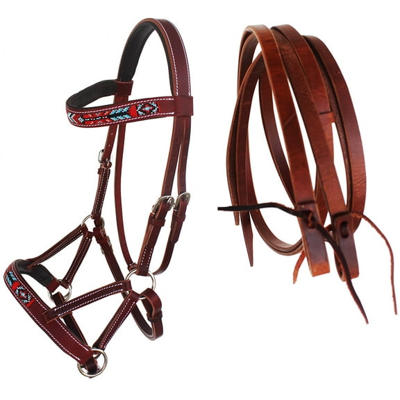 Horse Western English Leather Beaded Bitless Sidepull Bridle Reins 77RS17MG-F