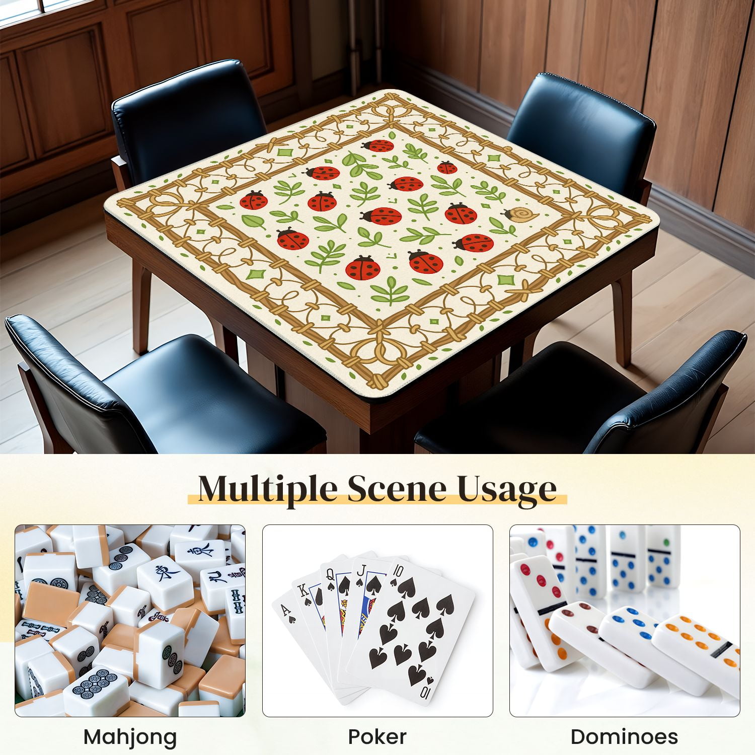 Mahjong Mat 31.5" x 31.5" Red Ladybugs Green Leaves Playful Nature Anti-Slip and Noise Reduction Symmetry Design Mahjong Tiles Table Cover for Dominoes Poker Card Board and Tile Games