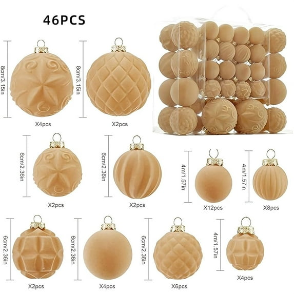 46PCS Velvet Christmas Ball Ornaments Set, 3 Sizes Flocked Shatterproof Xmas Tree Decor, Assorted Hanging Ornaments with Loop for Holiday Home Decor, Christmas Tree, Mantel, Party Decoration