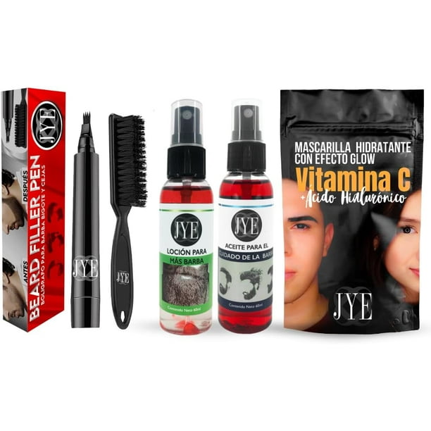 JYE Lapiz Pluma para rellenar huecos de barba y Bigote, Impermeable, Cubre canas. Incluye tratamiento natural para crecimiento de barba y aceite para barba JYE + Mascarilla Hidratante UNISEX