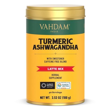 VAHDAM, Turmeric Ashwagandha Latte Mix (3.53oz/100g, 40 Cups) | Golden Milk Recovery & Nourishing Latte Mix | Ashwagandha, Turmeric , Ginger , Black Pepper | Non-GMO, Gluten Free, Herbal Supplement