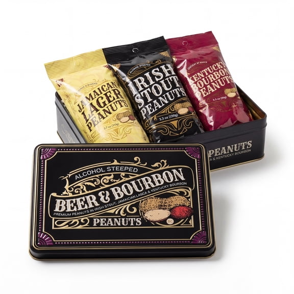 Beer & Bourbon Flavored Peanuts Tin - Assorted Gourmet Nuts for Sweet Tooth - Gift