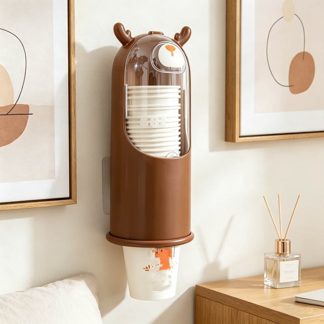 Vacemry Disposable Cup Dispenser Wall Mounted, Cute Deer-Shaped Paper Cup Holder with Waterproof Plastic, Kitchen Office Bathroom Balcony Shelf Storage Rack