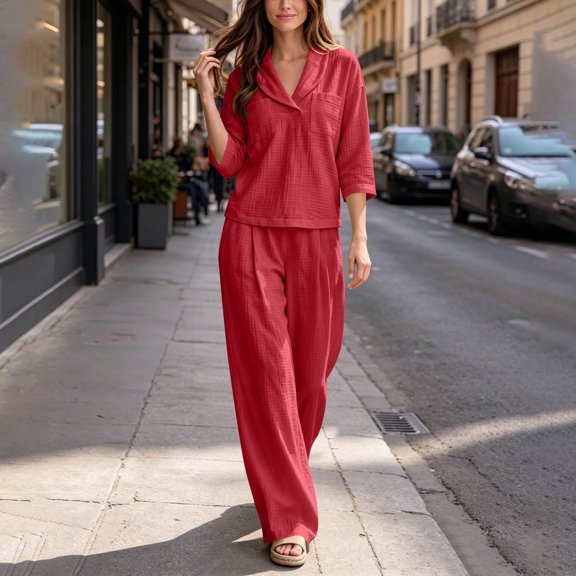 IUYRTFE Women's V-Neck 3/4 Sleeve Top and Wide Leg Pants Set with Pockets Casual Cotton Linen Two Piece Outfit