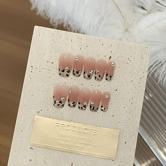French Tip Handmade Press on Nails for Women Everyday Cute Cool Pretty Medium Coffin Leopard Fake Nails
