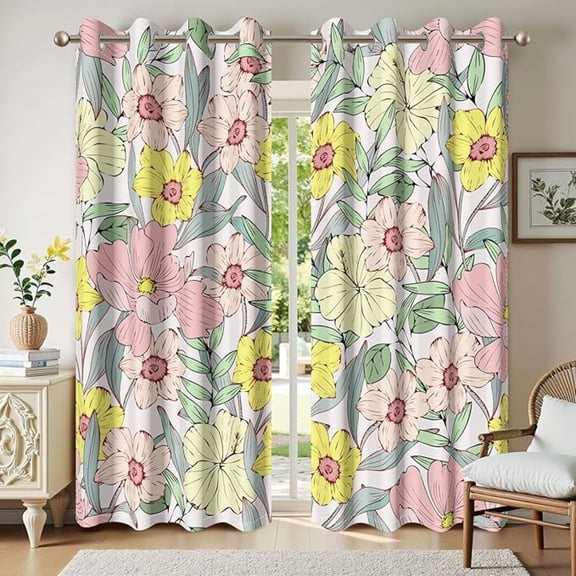 Botanical Blackout Curtains For Girls Bedroom Living Room Spring Decor,Pink And Yellow Tropical Floral Patterned Window Drapes With Grommet 26"W x 54"L (Pack of 2)