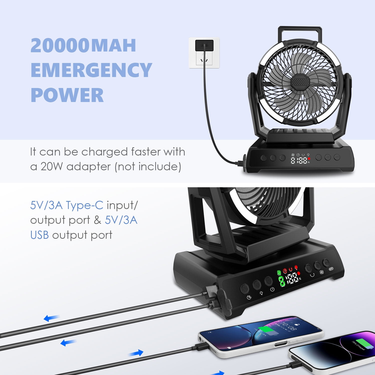 AYAMAYA Rechargeable Camping Fan, 20000mAh Cordless Battery Powered Desk Fan with LED Lantern & Hook 9 Timers USB for Tent Car Trip