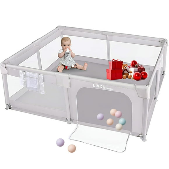 73"x61" Extra Large Baby Playpen, Kids Activity Safety Center with Zipper Door and Breathable Mesh ,Sturdy Play Yard for Babies and Toddlers, Light Grey