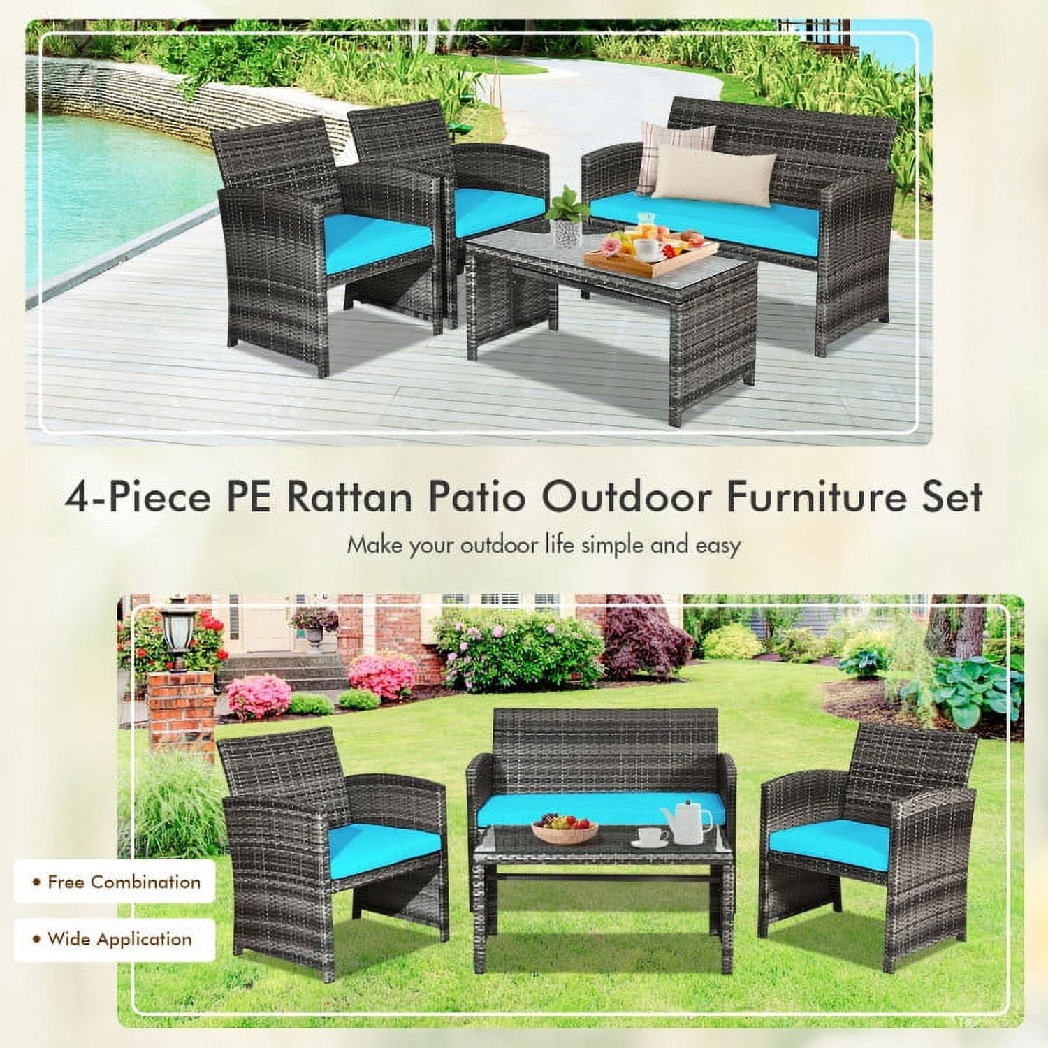 Aimee Lii 4 Pieces Wicker Patio Furniture Set with Cushions, Wicker Outdoor Sectional, Turquoise Aimee Lii 4 Pieces Wicker Patio Furniture Set with Cushions, Wicker Outdoor Sectional, Turquoise