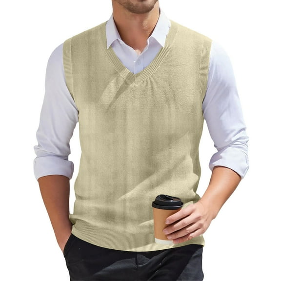 Fonma Men's Sweater Vest Classic V-Neck Knitted Pullover Sweaters Tops Sleeveless Relaxed Fit Knitwear Vests Khaki 3XL