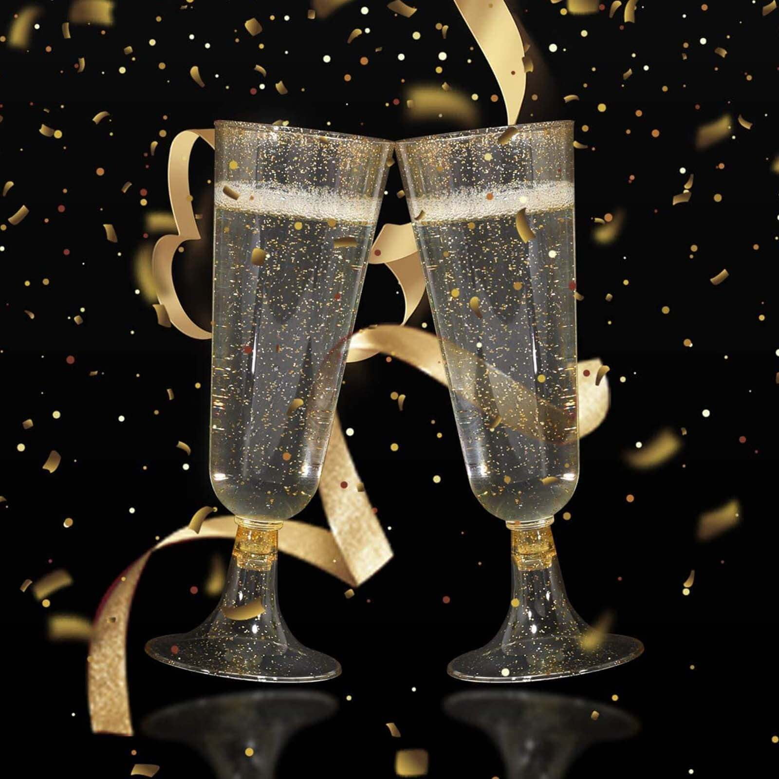 Efavormart 60 Pack 5oz Gold Plastic Disposable Champagne Glasses Flutes, Short Stem Glitter Sprinkled Trumpet Design | Detachable Base