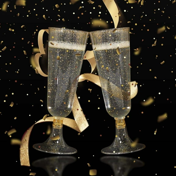 Efavormart 12 Pack - 5 oz Plastic Champagne Flutes Disposable - Clear/Gold - Glitter Sprinkled Design - Detachable Base for Weddings, Birthdays, Parties, Receptions, Banquets, Baby Showers, Event