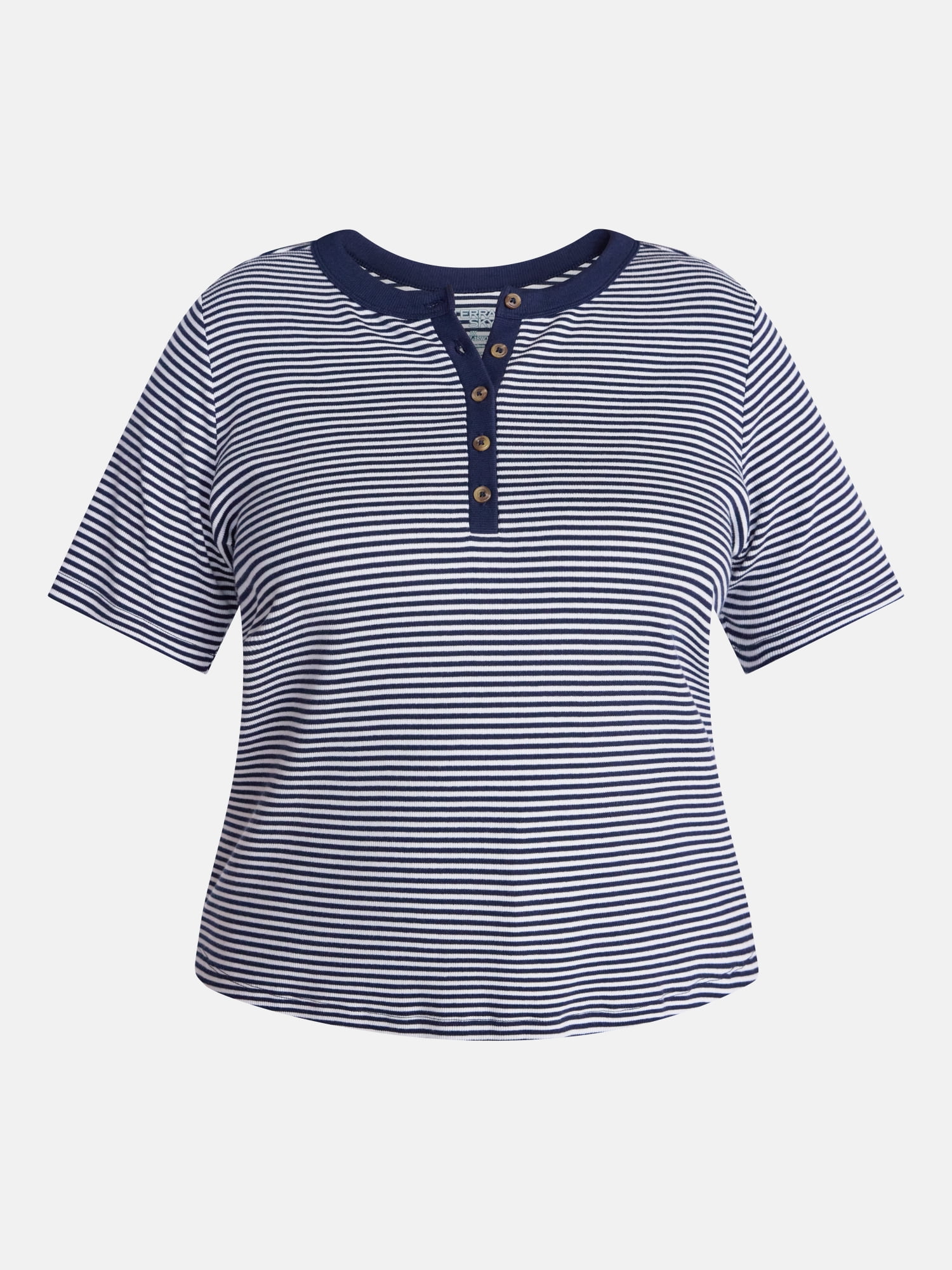Terra & Sky Women's Plus Ribbed Henley Top with Short Sleeves, Sizes 0X-5X