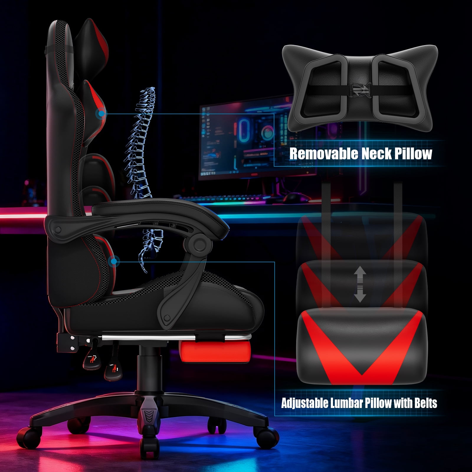 Czlolo Gaming Chair, Racing Style RGB LED Lights Gaming Chairs for Adults and Kids, Lumbar Massager Gamer Chair, High Back Reclining Computer Chair with Footrest and Headrest (Black/Red)