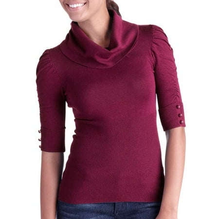 Juniors' Ruched Sleeve Turtleneck Ribbed Sweater - Walmart.com