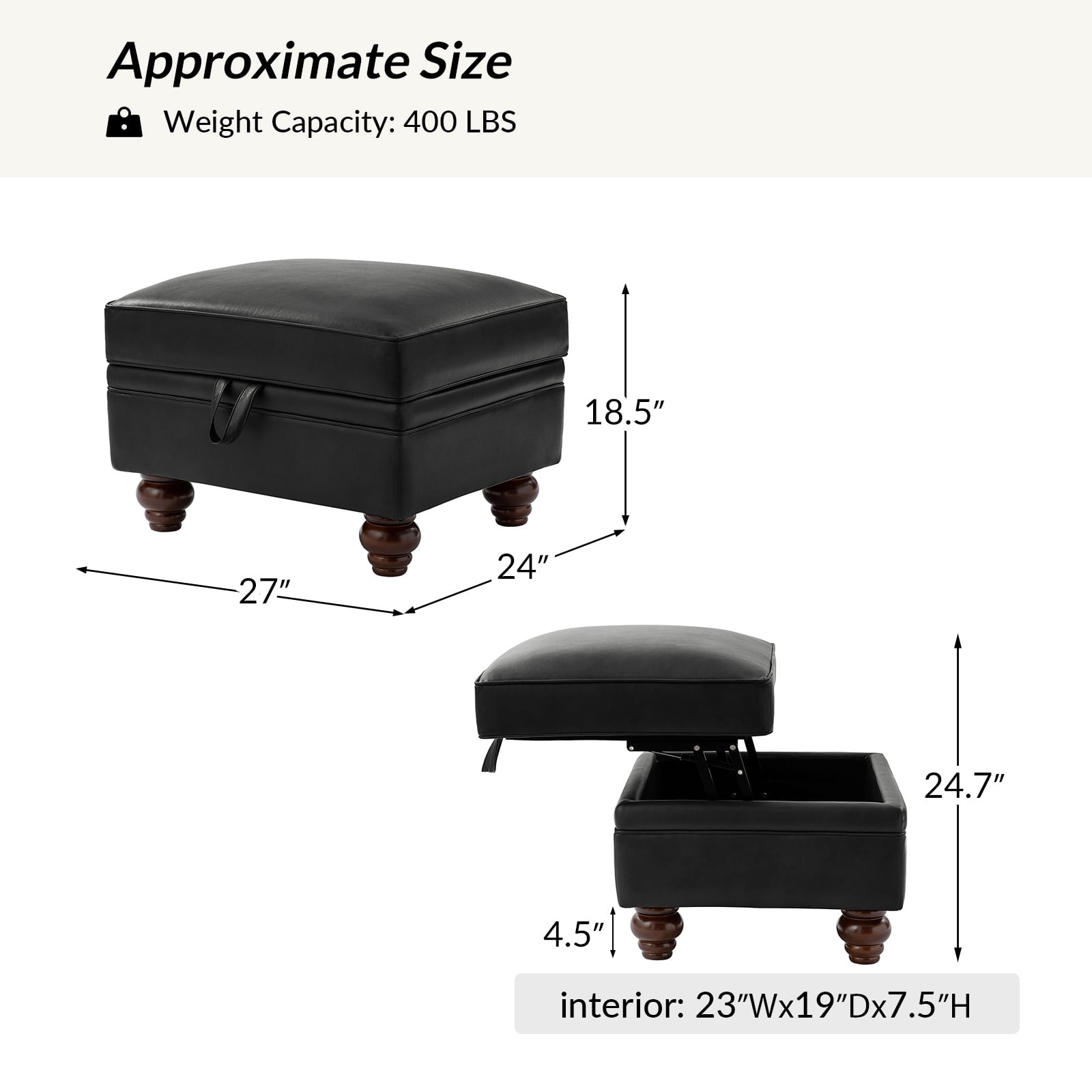 27" Square Ottoman Coffee Table Faux Leather Lift Top Storage Footrest Stool Bedroom Living Room Black