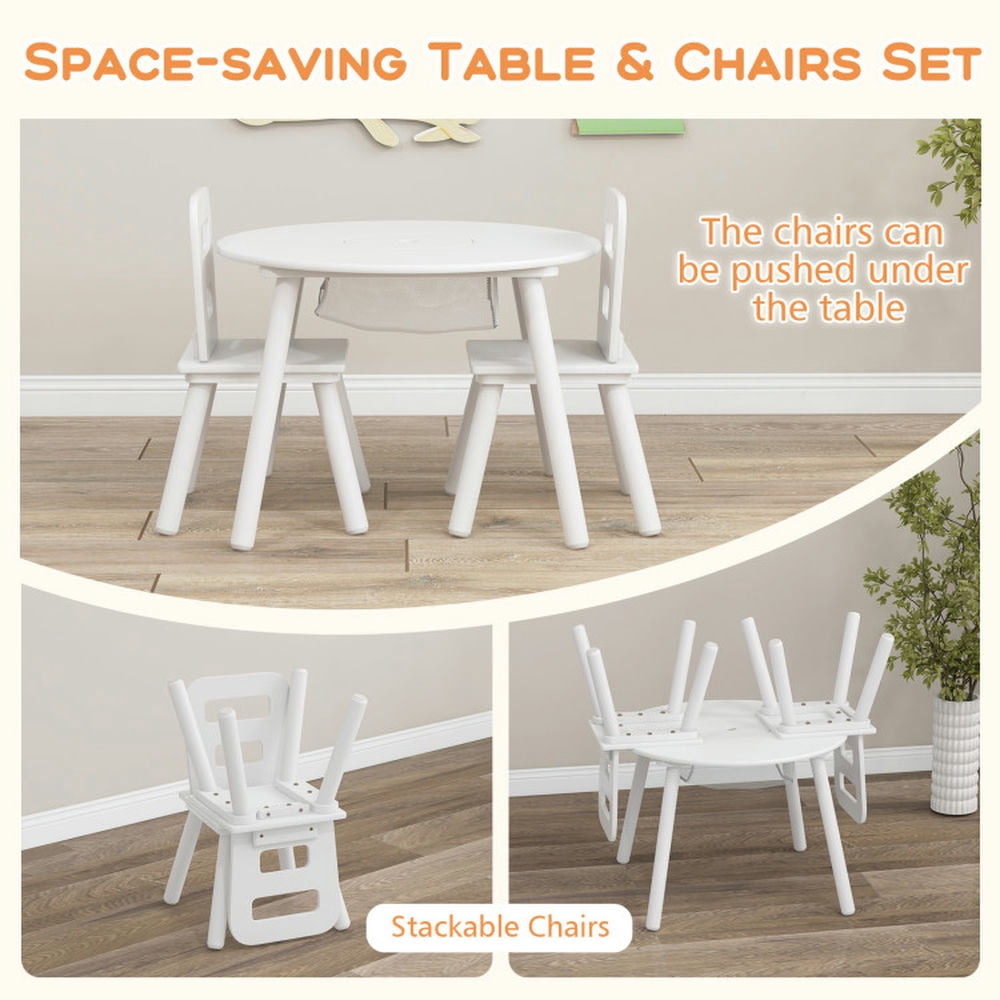Kadyn Children Kids Table Chair Set,Children Playroom Table Chair Set,Wood Activity Kids Table and Chair Set with Center Mesh Storage-White