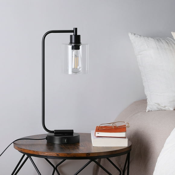 DEWENWILS Industrial Touch Control Table Lamps with Glass Shade, 3 Way Dimmable with USB Ports, Black, E26 Buld Included