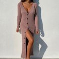 thumbnail image 4 of Robe Chandail Longue en Tricot à Col en V Profond pour Femmes avec Boutons, Manches Longues, Robe Maxi, 4 of 6