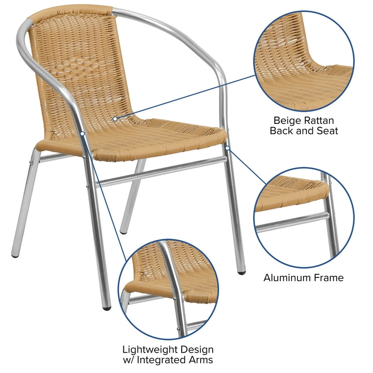 7279 Aluminum Frame with Wood Grain Finish Stackable Chair, Cushion color:  Light Beige – H&D Restaurant Supply, INC