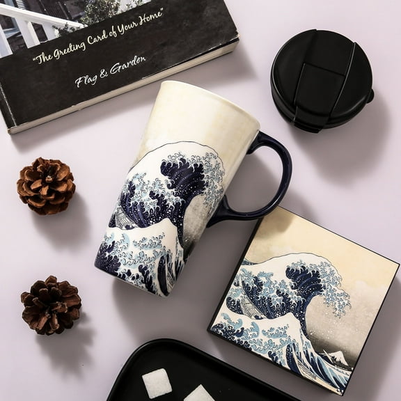 Ceramic Travel Mug Porcelain Coffee Cup with Spill-proof Lid and Gift Box 17 Oz Sea Wave