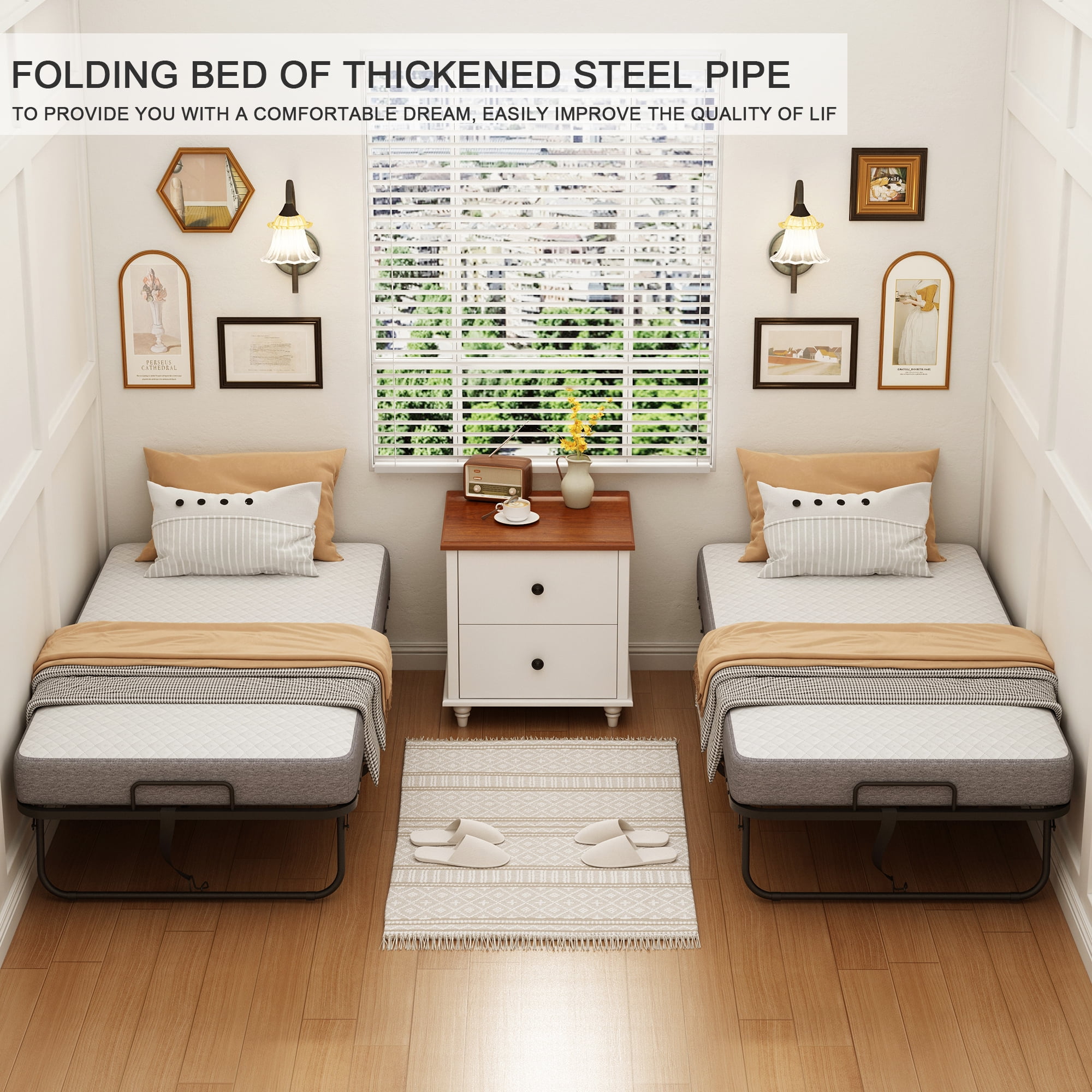 Folding Bed with Mattress 75" x 31" Cot Size Need Assembly Rollaway Guest Bed Portable Foldable Extra Bed for Adults Daybed with 5" Memory Foam Mattress Space-Saving Sturdy Metal Grid Frame