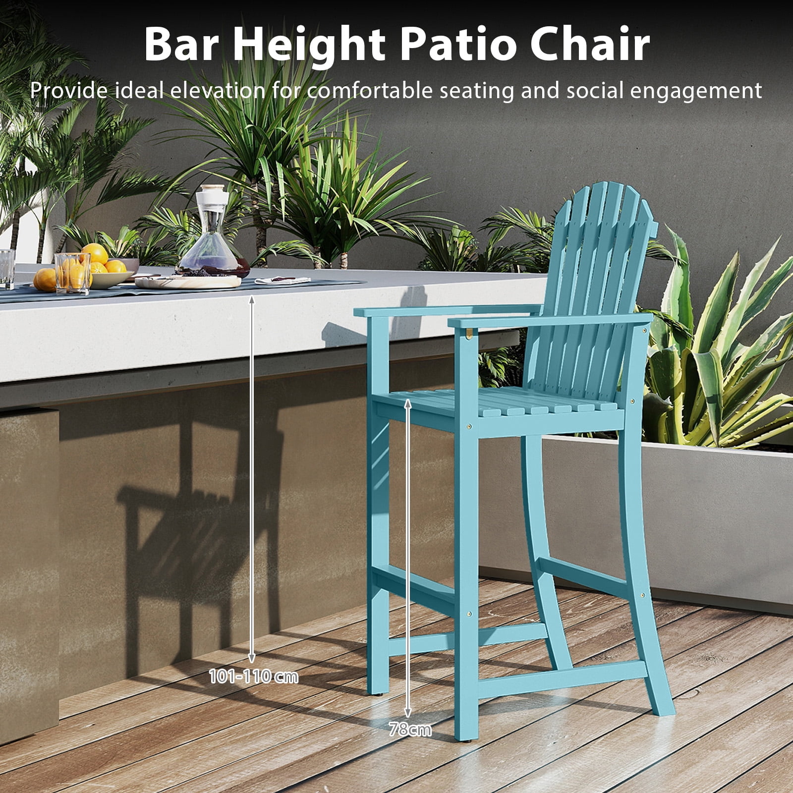 Gymax 4PCS Tall Adirondack Chair w/Back Armrests & Footrest for Balcony Porch Deck Turquoise