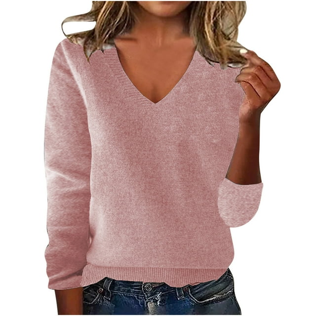 Lenpel Chandails Grande Taille pour Femmes Manches Longues Col en V Basique Tricoté Automne Hiver Chandail-Over (Rose, 3TG)