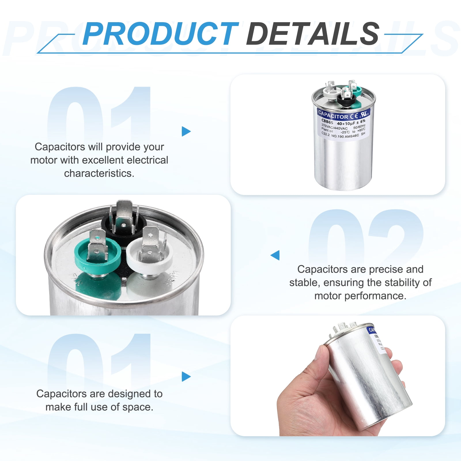 Uxcell 2Pcs 40+10 MFD CBB65 Run Start Capacitor 40+10 uF, 370/440V Round AC Capacitor for AC Motor Run, HVAC, Air Conditioner, Condenser Motors