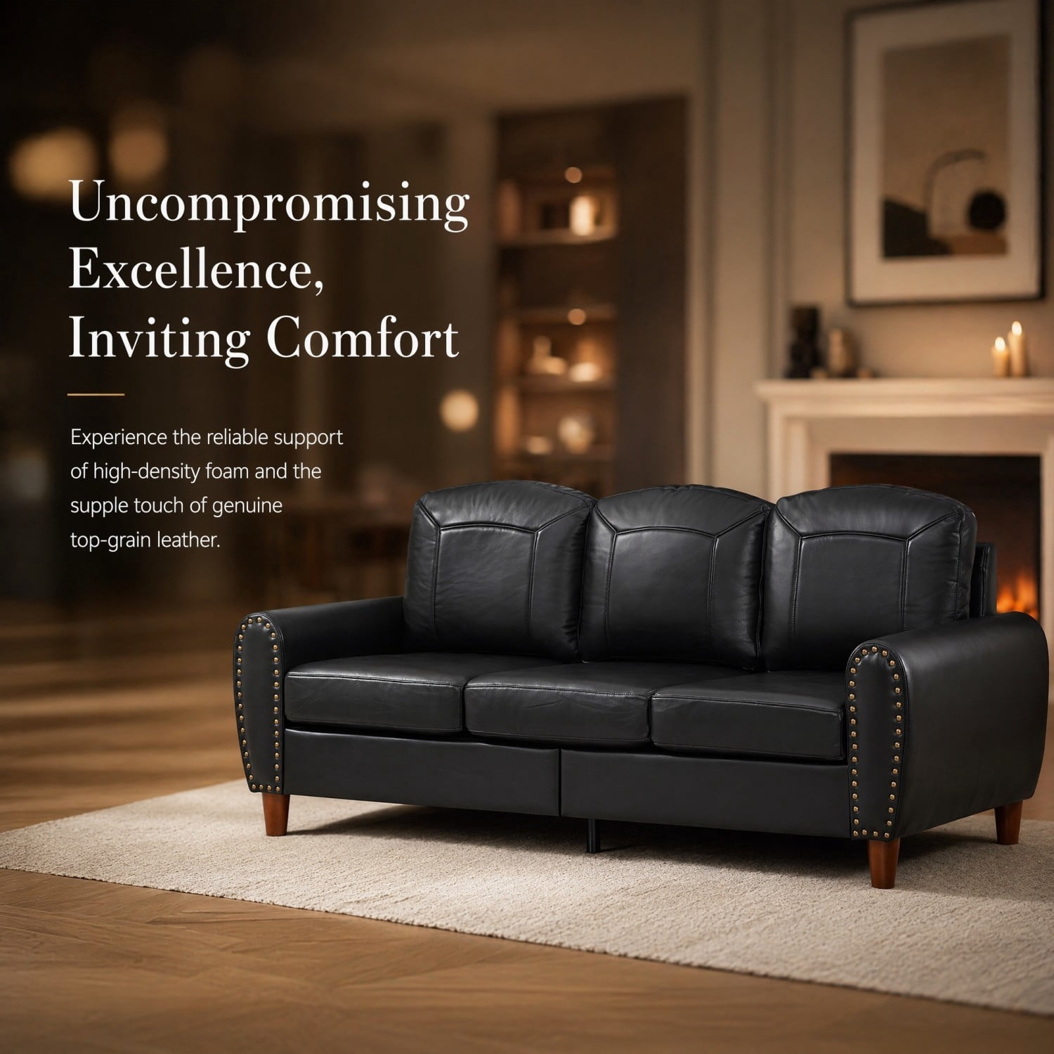 81.5" Classic Faux Leather Sofa Couch Rolled Arm Upholstered PU Leather Living Room Sofa with Solid Wood Legs, 3 Seater Couch for Home Office, Black