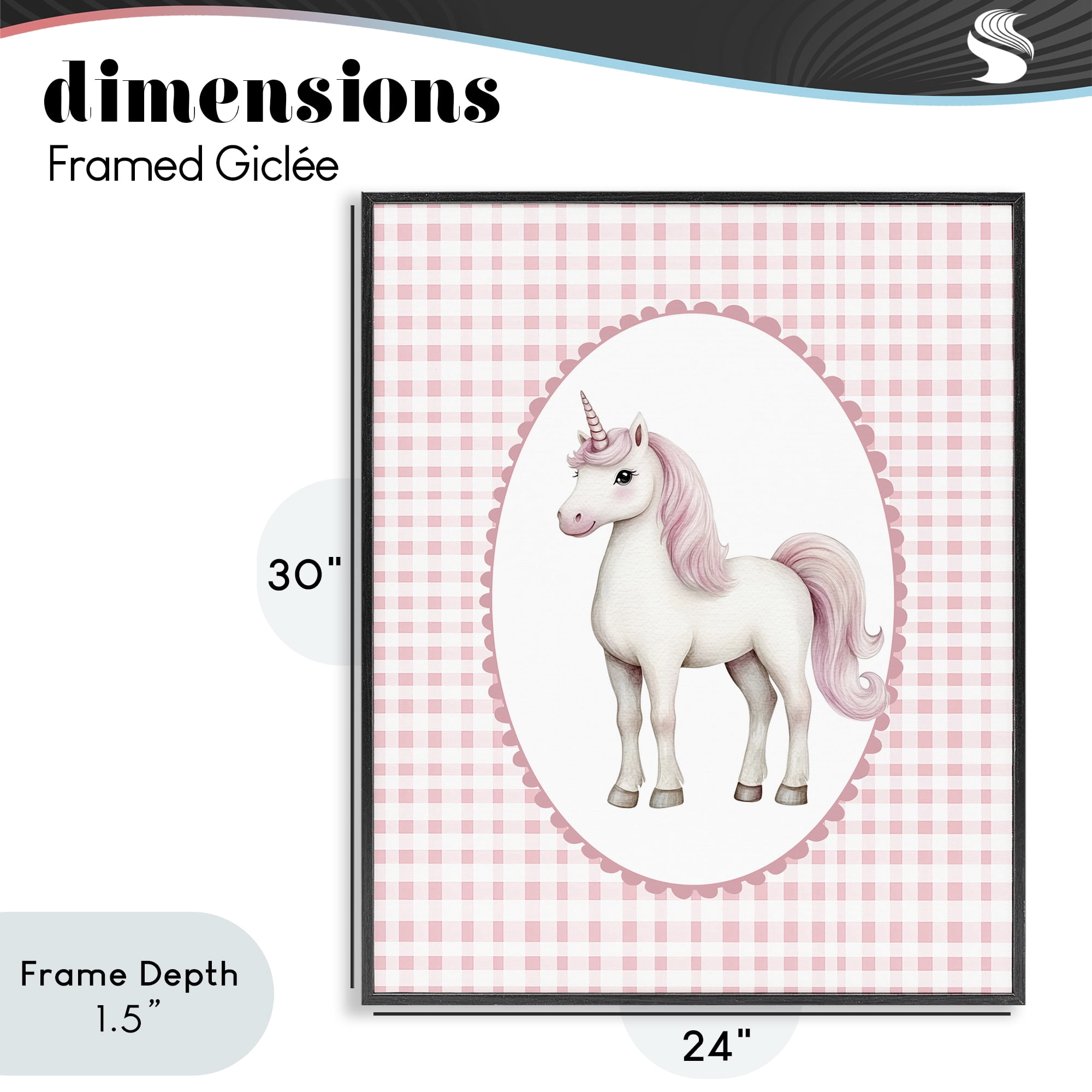 Stupell Industries Pink Gingham Unicorn Black Framed Giclee Art, design by Christine Simpson Art