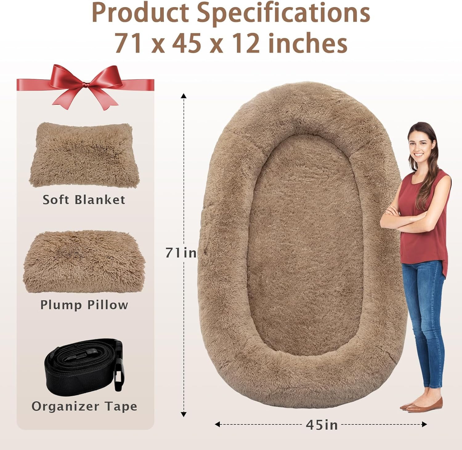 Oversize Human Dog Bed Memory Foam Bed with Plump Pillow and Blanket Khaki 71"L x 45"W x 12"Th